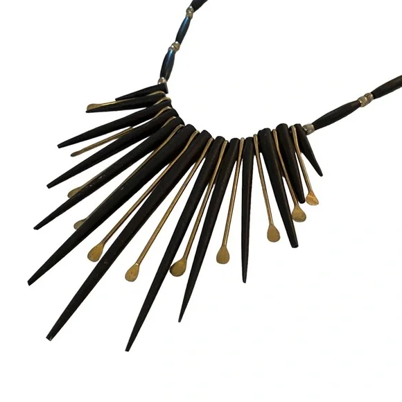 Vintage ebony wood black gold spikes kinetic statement necklace brutalist